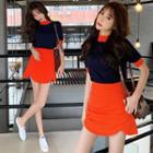 Contrast Trim Short Sleeve Knit Top / A-line Skirt