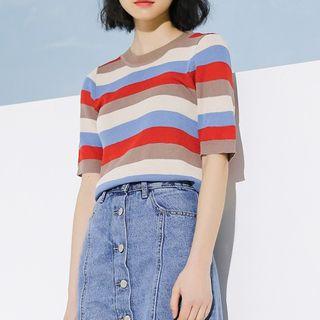 Striped Elbow-sleeve Knit Top As Shown In Figure - One Size