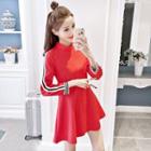 Ribbon Trim Long-sleeve A-line Dress