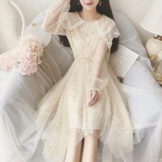 Lace Panel Long-sleeve Sequined Midi A-line Dress