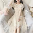 Lace Panel Long-sleeve Sequined Midi A-line Dress