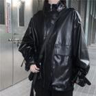 Stand Collar Faux Leather Jacket Black - One Size