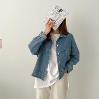 Fray-hem Kangaroo Denim Jacket Blue - One Size