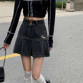 Denim Pleated A-line Mini Skirt