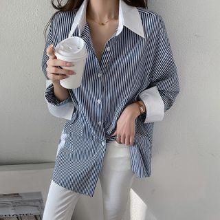 Contrast-trim Stripe Shirt Navy Blue - One Size