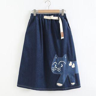 Cat Applique Denim Midi A-line Skirt
