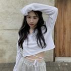 Set: Long-sleeve Crop Top + Tie-waist Cropped Tank Top Set Of 2 - White - One Size