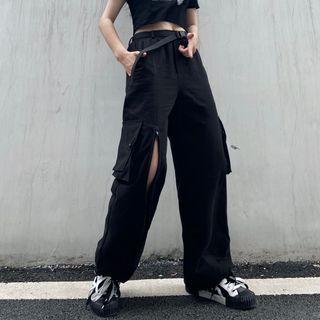 Buckled Waist Drawstring Hem Cargo Pants