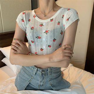 Floral Cap-sleeve Pointelle Knit Crop Top