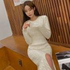 Side-slit Long-sleeve Midi Cable-knit Dress Beige - One Size