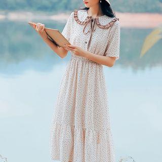 Short-sleeve Frill Trim Patterned Chiffon A-line Midi Dress