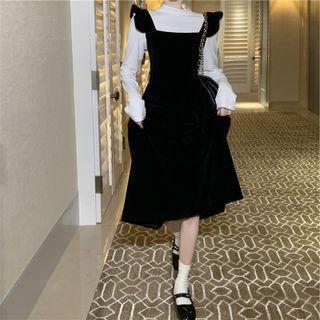 Set: Long-sleeve T-shirt + Ruffle Trim Midi A-line Overall Dress
