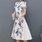 Mandarin Collar Printed A-line Midi Dress