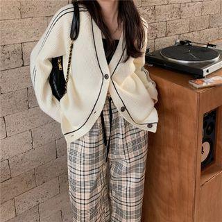 V-neck Cardigan Sweater / Plaid Pants