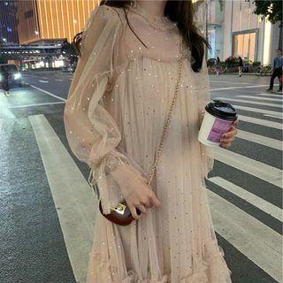 Long-sleeve Glitter Mesh A-line Dress