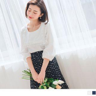 Square Collared Lace Trim 3/4-sleeve Top