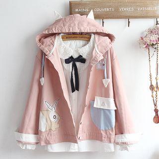 Long-sleeve Lace Paneled Shirt / Embroidered Buttoned Hooded Jacket / Set