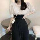 Puff-sleeve Blouse / High-waist Wide-leg Pants