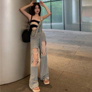 Colorblock Tube Top / Cutout Wide-leg Jumper Jeans