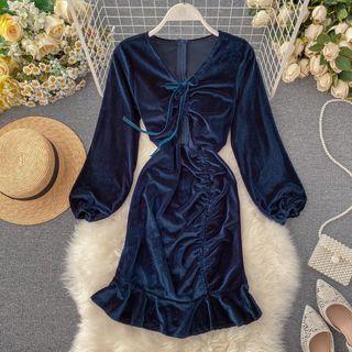 Balloon-sleeve Shirred Velvet Mermaid Dress