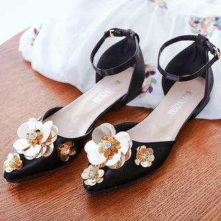 Floral Pointed Ankle Strap Flats