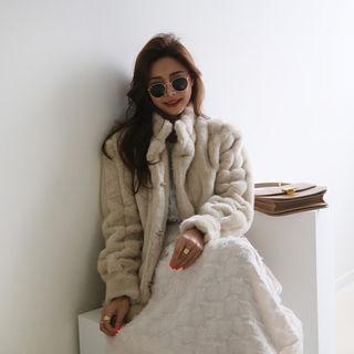 High-neck Faux-fur Jacket Light Beige - One Size