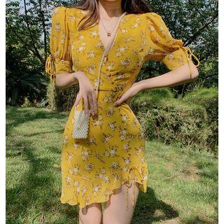 Elbow-sleeve Floral Drawstring Mini Chiffon Dress