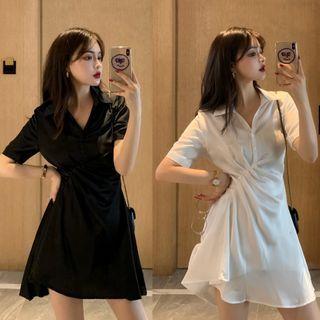 Short-sleeve Knot-front A-line Mini Dress