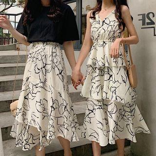 Pattern A-line Midi Dress / Spaghetti Strap Skirt