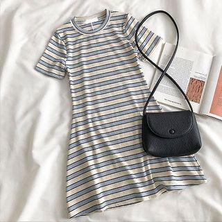 Color-block Striped Crewneck Short-sleeve Dress