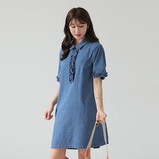 Frilled-detail Denim Polo Dress