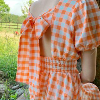 Tie-back Puff-sleeve Long Gingham Dress