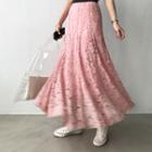 Band-waist Lace Maxi Flare Skirt