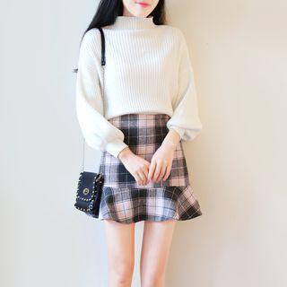 Set: Mock Neck Ribbed Sweater + Plaid A-line Skirt