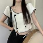 Short-sleeve Double Breasted Cropped Knit Top White - One Size
