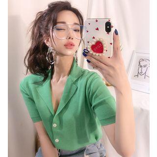 V-neck Short-sleeve Knit Blouse Green - One Size