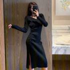 Long-sleeve Drawstring Split Hem Knit Dress