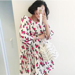 3/4-sleeve Ruffled-hem Floral-pattern Dress