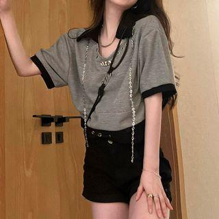 Short-sleeve Lapel Contrast Trim Chain T-shirt Dark Gray - One Size