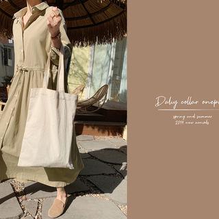Drawstring-waist Maxi Shirtdress Beige - One Size
