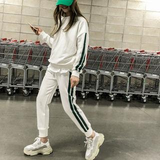Set: Contrast-trim Oversized Sweatshirt + Sweatpants