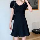 Puff-sleeve Lace Trim A-line Mini Dress Black - One Size
