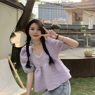 Puff-sleeve Plain Blouse Purple - One Size