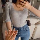 Square-neck Ribbed Slim-fit T-shirt