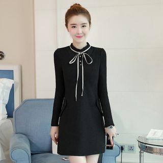 Long-sleeve Tie-neck Frilled Panel Dress