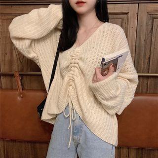 Drawstring Rib Knit Cropped Sweater