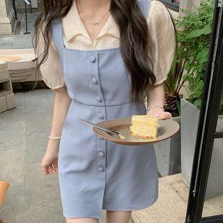 Set : Puff-sleeve Shirt + Spaghetti-strap Dress