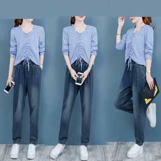 Set: Long-sleeve Gingham Drawstring Blouse + Harem Jeans