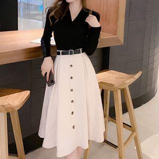 Long-sleeve T-shirt / Midi A-line Skirt / Set