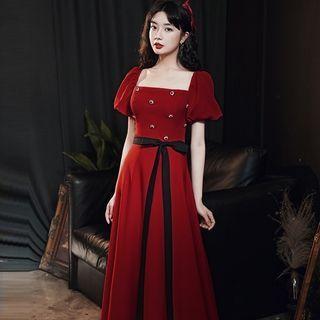 Puff-sleeve Rhinestone Hoop A-line Evening Gown